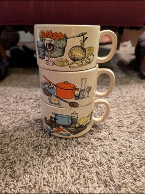 Set of 3 Vintage Ceramic Mugs 1970's Beige Multicolor Kitchen Food